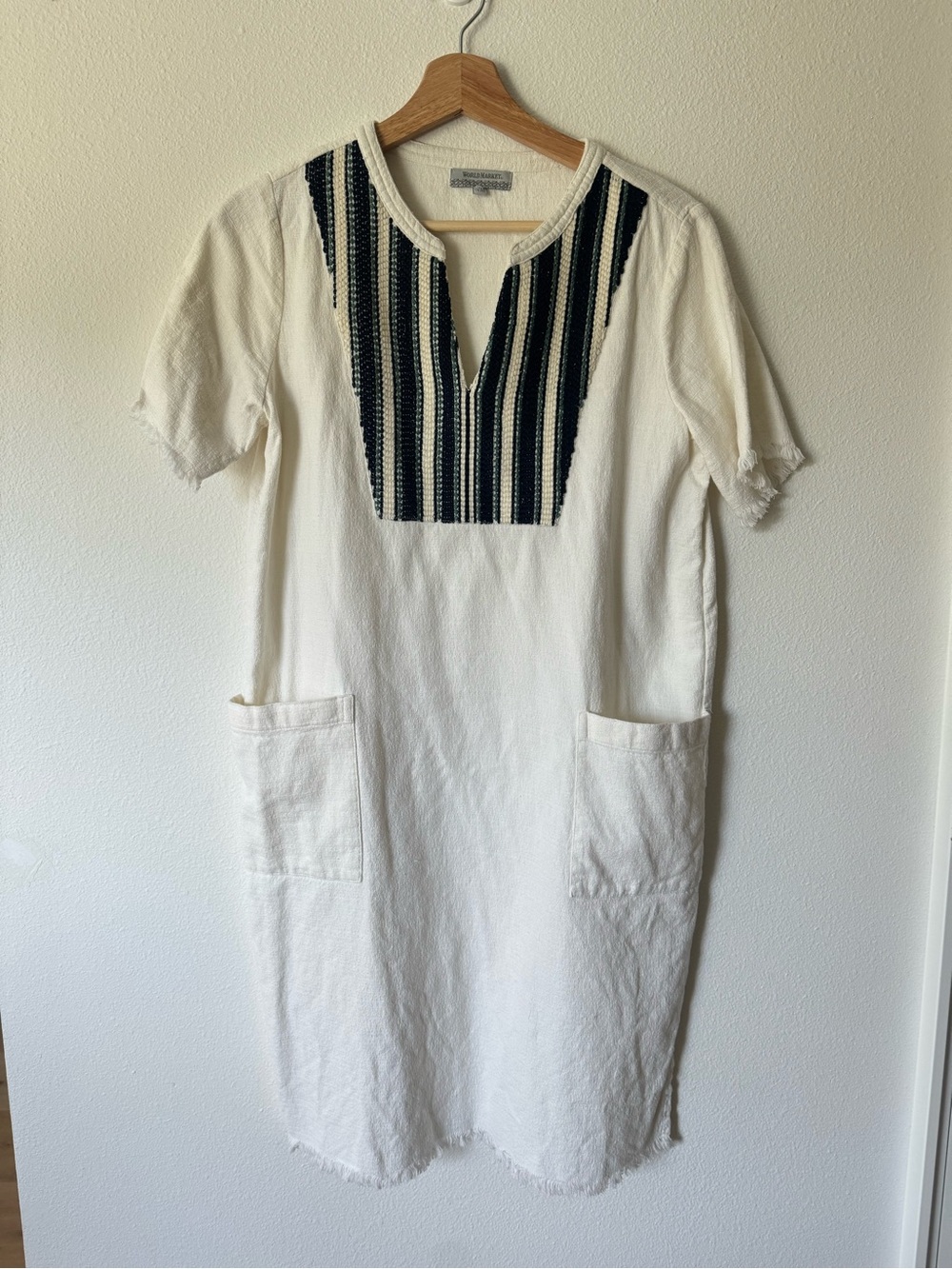 Off White Swim Cover Up / Dress with Ethnic Embroidered Bib- generous S